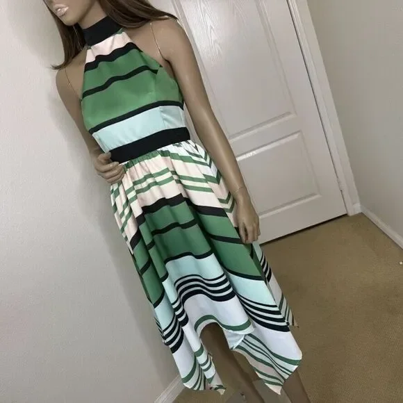Anthropologie Troubadour Dress Sz 2 Green Stripe Candymint Halter Asymmetric Mid - Picture 3 of 11